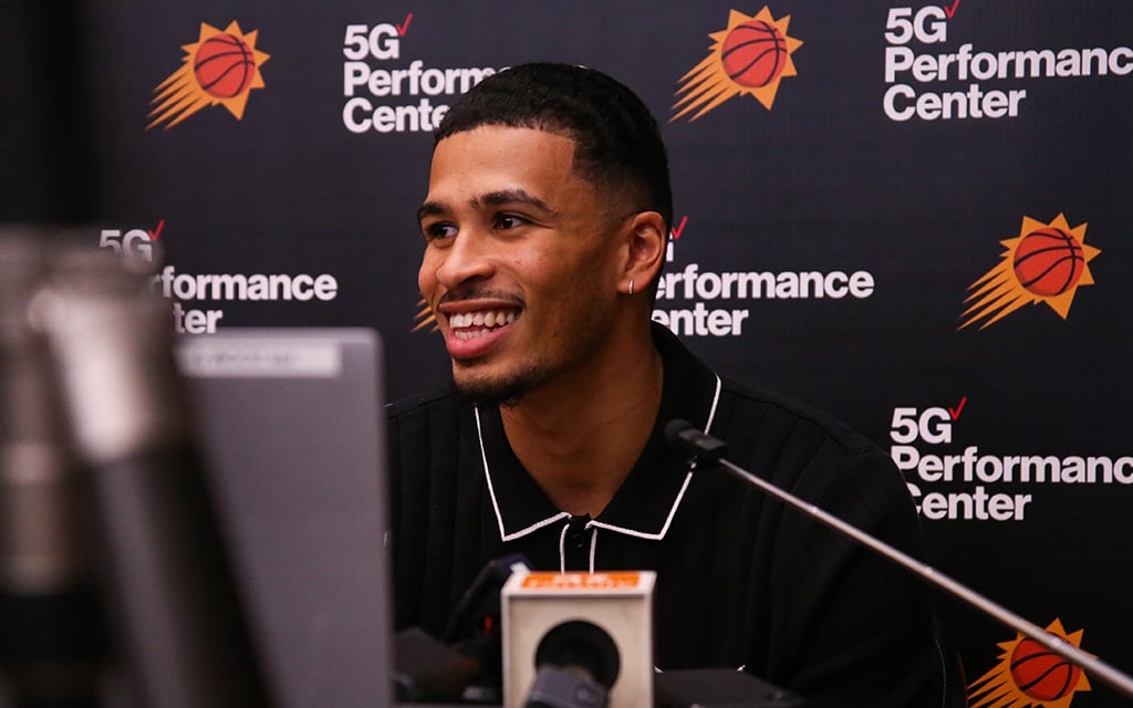 Phoenix Suns forward Toumani Camara was introduced Tuesday at the Verizon 5G Performance Center. Camara was drafted by the Suns as the 52nd overall pick last Thursday in the 2023 NBA Draft. (Photo by Joey Plishka/Cronkite News)