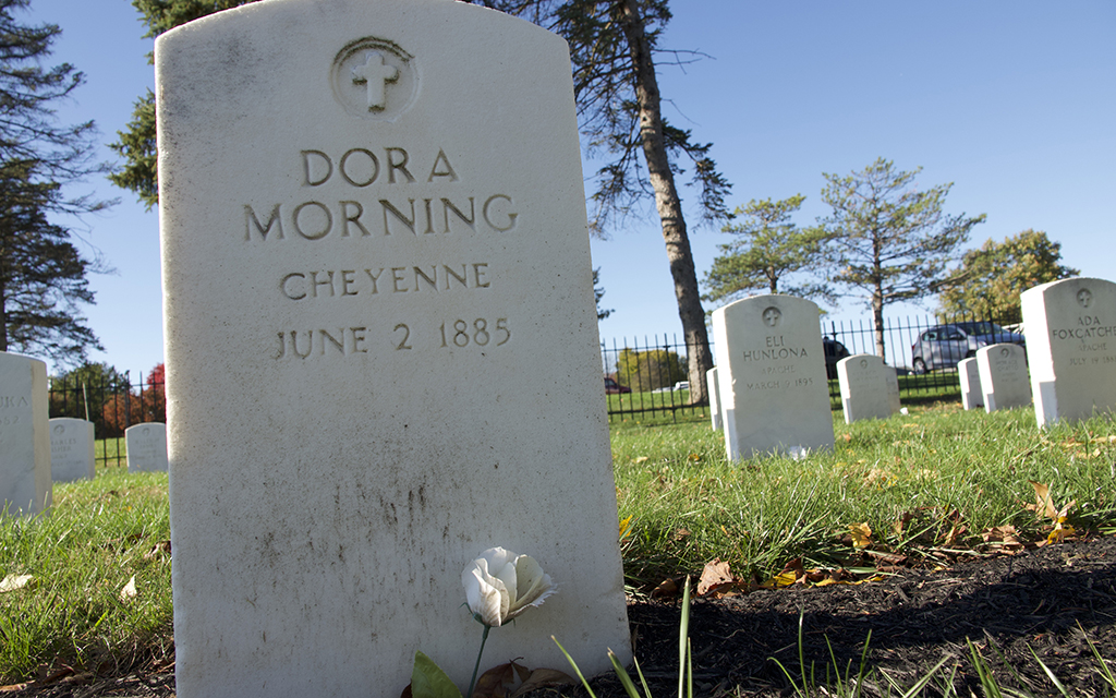 Dora Morning, a member of the Cheyenne Nation, is buried in the Carlisle Indian Cemetery on the former grounds of the Carlisle Indian Industrial School, where she died in 1885. The Carlisle Indian Industrial School sits on the grounds of the present-day U.S. Army War College. (Photo by Addison Kliewer/Gaylord News)