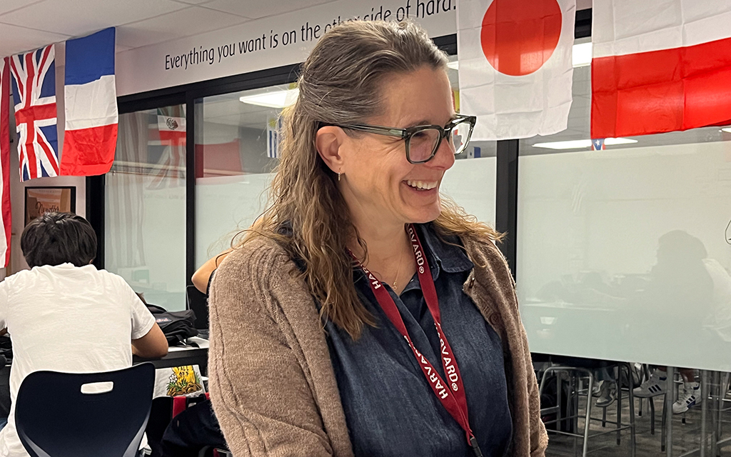 Jenny Denton, a ninth-grade English and history teacher at Mountain View High School in Mesa, smiles while reminiscing on interactions with students on April 20, 2023. (Photo by Lydia Curry/Cronkite News)