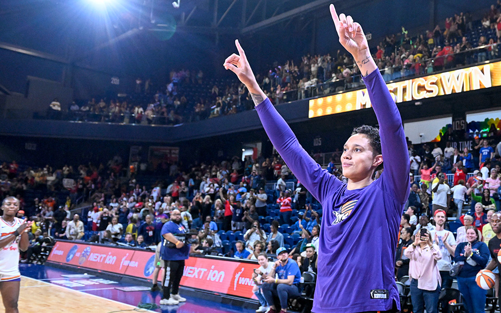 Phoenix Mercury center Brittney Griner was named a starter in the 2023 WNBA All-Star Game to extend her streak to nine consecutive selections – one shy of the league record. (Photo by Jonathan Newton/The Washington Post via Getty Images)