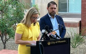 Phoenix Mayor Kate Gallego and Rep. Ruben Gallego address media questions on the proposed Excess Urban Heat Mitigation Act outside Phoenix City Hall. (Photo by Josh Bootzin/Cronkite News)