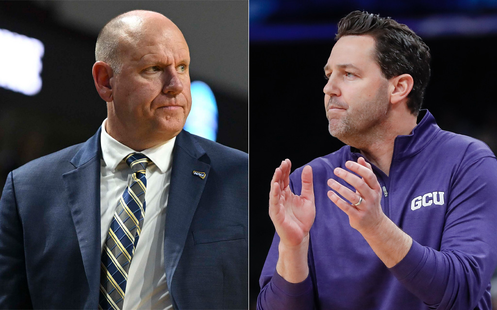 Northern Arizona coach Shane Burcar, left, and Grand Canyon coach Bryce Drew will face a step up in competition at the Arizona Tip-Off, where a strong showing could factor into a potential NCAA tournament bid. (Left photo by Kevin Abele/Icon Sportswire via Getty Images; Right photo by Tommy Martino/University of Montana/Getty Images)