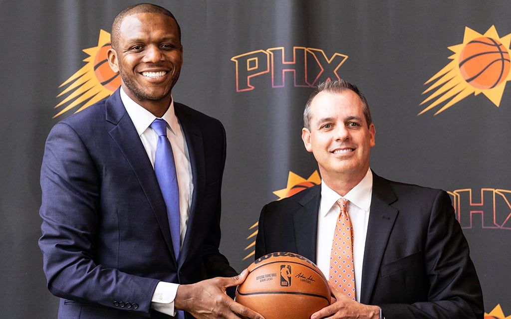 New Suns coach Frank Vogel, right, said he believes in the vision of general manager James Jones. “This is the beginning of a new era in Phoenix Suns basketball, and it’s going to be an exciting one.” (Photo courtesy of Phoenix Suns)