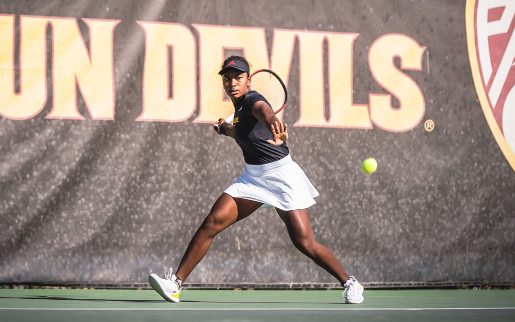 Talented ASU sophomore Chelsea Fontenel seamlessly switches from her tennis racquet to a microphone, proving that her passion for both sports and music knows no bounds. (Photo courtesy of Sun Devil Athletics)