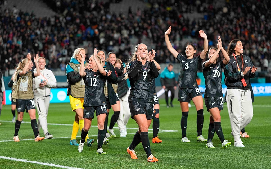 Arizona State women's soccer forward Gabi Rennie celebrates her momentous debut and New Zealand's first win in the 2023 FIFA Women’s World Cup in front of a roaring home crowd of over 40,000 fans at Eden Park Stadium in Auckland, New Zealand. (Photo by Ulrik Pedersen/DeFodi Images via Getty Images)