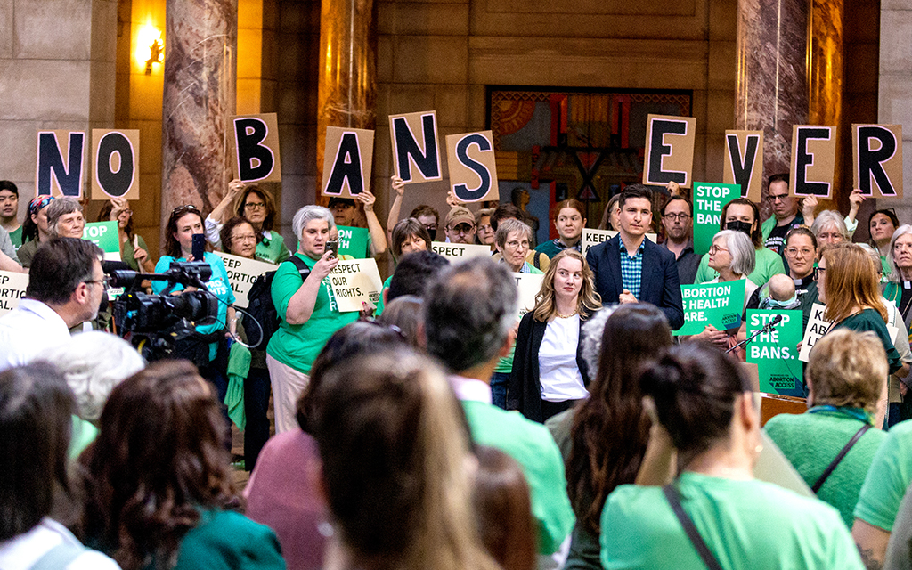 Abortion-rights advocates rally in the Nebraska Capitol rotunda on April 12, 2023, in opposition to the Nebraska Heartbeat Act, which would have banned abortion around six weeks. The bill did not pass, but a 12-week ban is now law. (Photo by Joseph Kual Zakaria/News21)