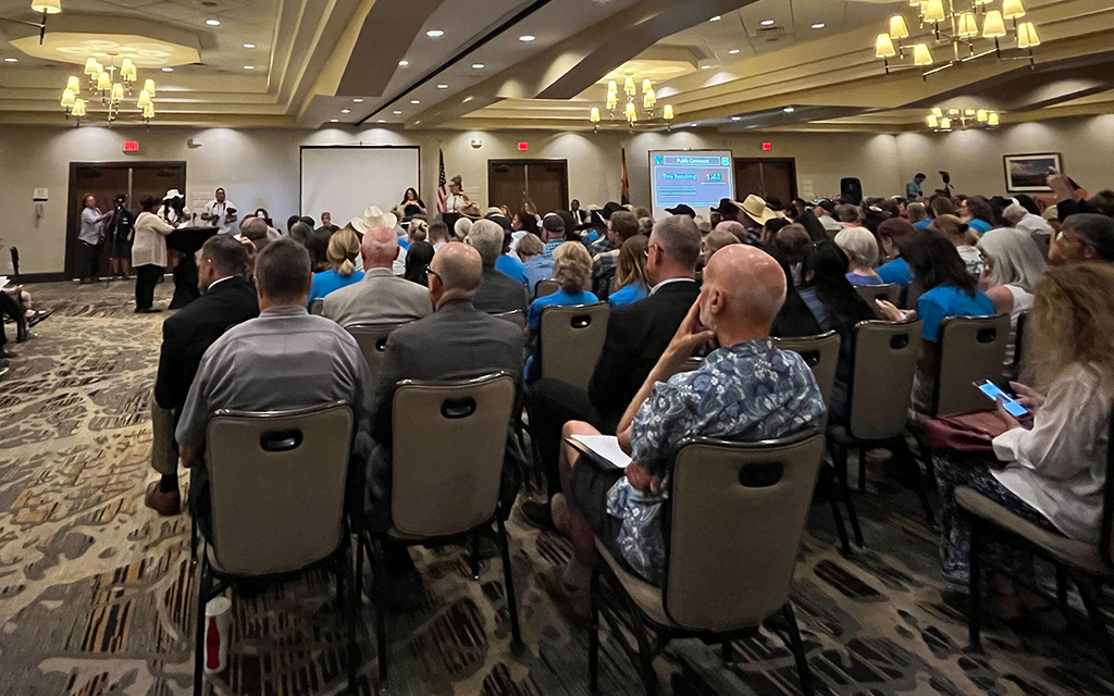 Nearly 200 people attend a meeting to discuss the proposed national monument near the Grand Canyon in Flagstaff on July 18, 2023. (Photo by Ashley Lay/Cronkite News)