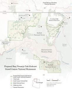 The proposed Baaj Nwaavjo I’tah Kukveni Grand Canyon National Monument would include more than 1.1 million acres in three areas of land adjacent to Grand Canyon National Park. (Map courtesy of Grand Canyon Trust)