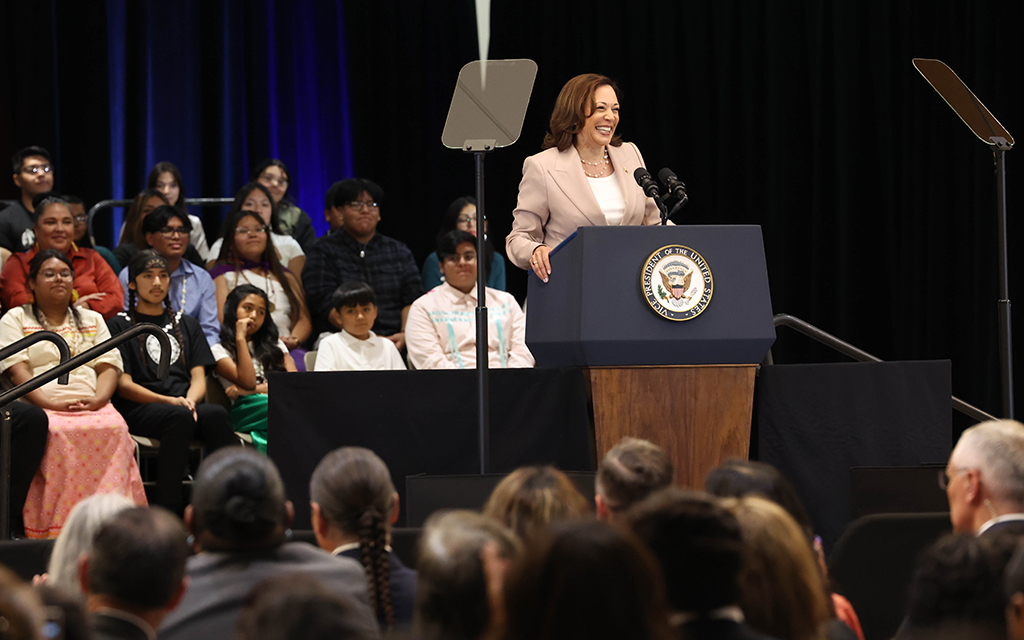 “We must rely on the knowledge of the community, the native people,” Vice President Kamala Harris said Thursday at Gila Crossing Community School in Laveen. Harris visited the Gila River Indian Community on July 6, 2023, to address the administration's plan to support Native communities. (Photo by Evelin Ruelas/Cronkite News)