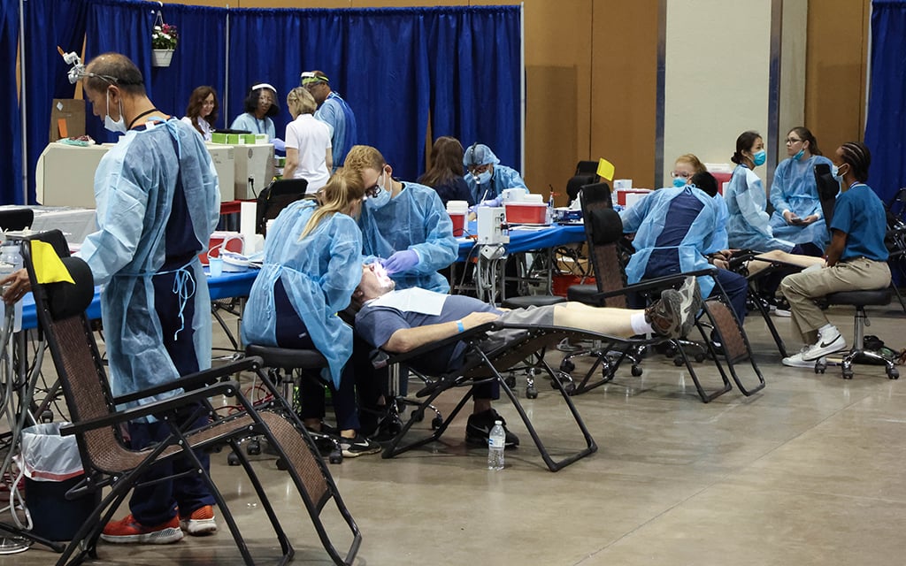 Dental care is one of the most sought-after treatments during the free clinic sponsored by Liberty and Health Alliance July 5-7, 2023 at the Phoenix Convention Center. Full dental evaluations include x-rays, cleanings, fillings and extractions. (Photo by Evelin Ruelas/Cronkite News)