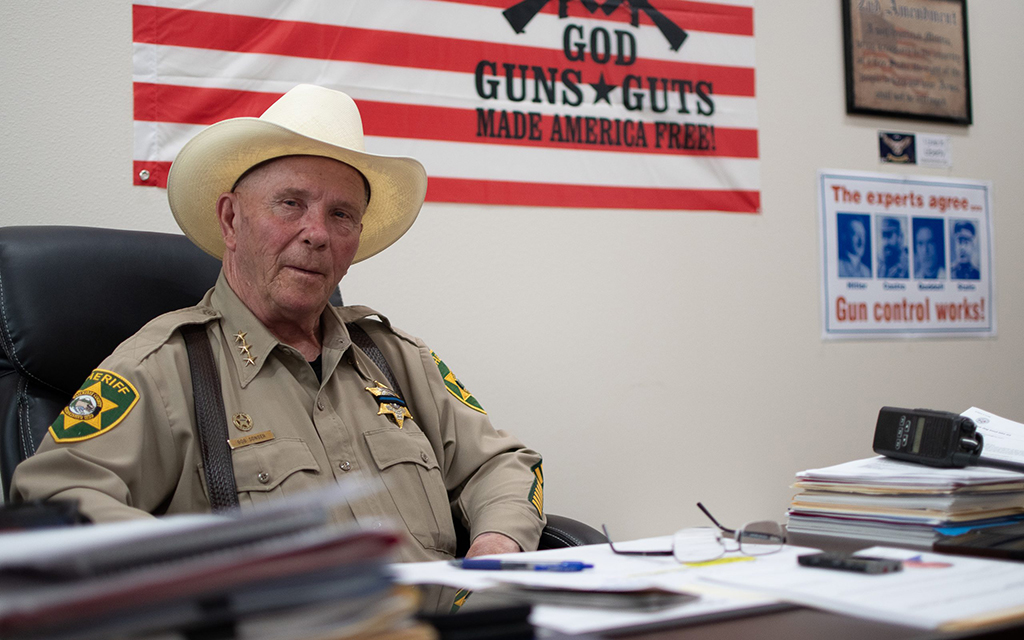 Klickitat County Sheriff Bob Songer talks in his office in Goldendale, Wash., on July 5, 2023. Sheriff Songer is an advisory board member of the Constitutional Sheriffs and Peace Officers Association. (Photo by Isaac Stone Simonelli/AZCIR)