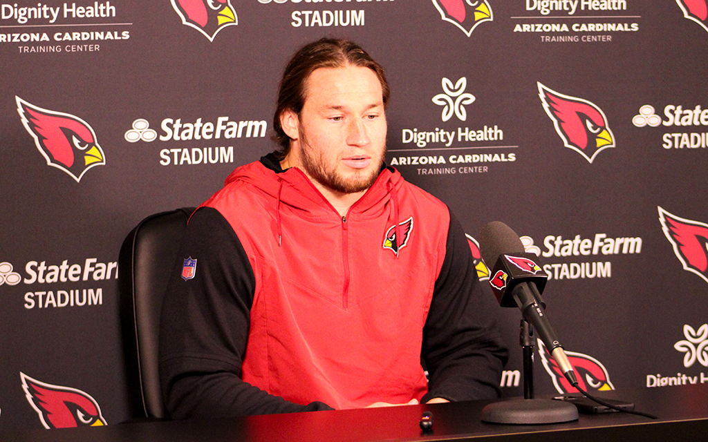 Arizona Cardinals linebacker Dennis Gardeck speaks Monday during a news conference following Sunday's Week 1 loss to the Washington Commanders. "We got dogs in our room," Gardeck said. (Photo by Bennett Silvyn/Cronkite News)