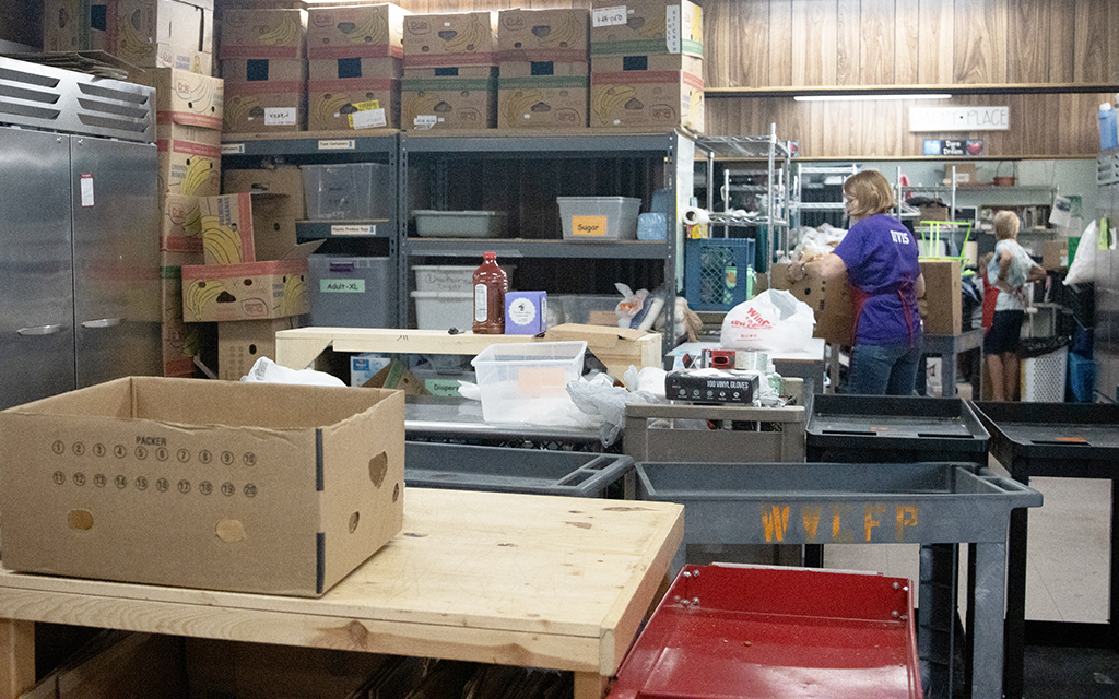 The kitchen of the West Valley Community Food Pantry in Glendale where food is sorted and packed for people who need it, on Sept. 27, 2023. (Photo by Adriana Gonzalez-Chavez/Cronkite News)