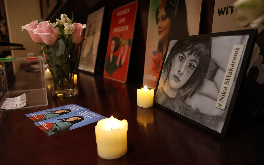 The Arizona Persian Cultural Center pays tribute to fallen Iranian protesters at a memorial event, which features artwork and speakers in Scottsdale on Sept. 16, 2023. (Photo by Sam Volante/Cronkite News)