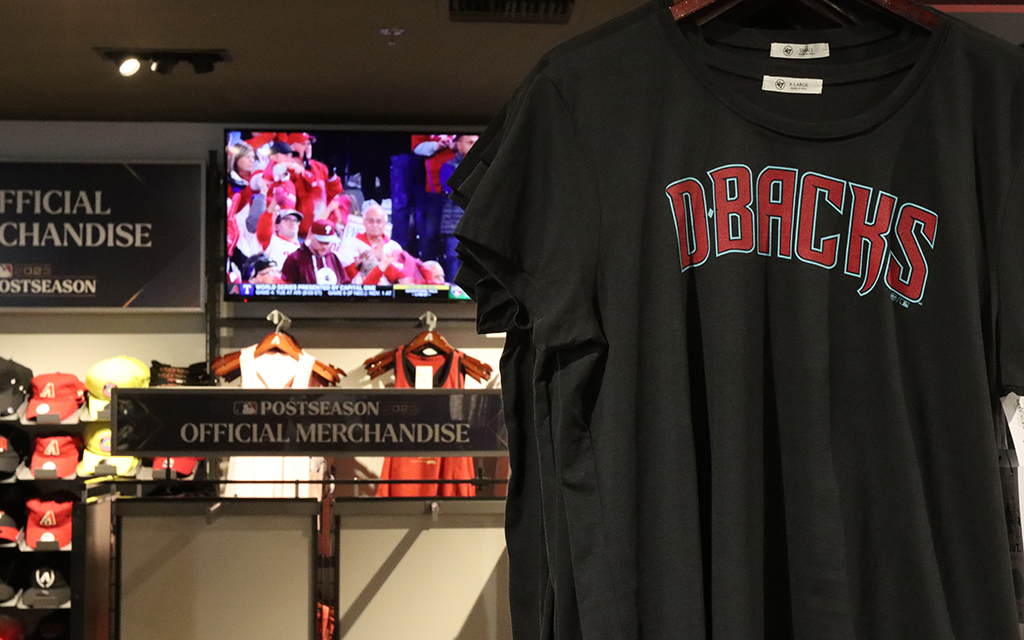 The Arizona Diamondbacks team shop at Chase Field has World Series T-shirts, hats and accessories. (Photo by Hunter Fore/Cronkite News)