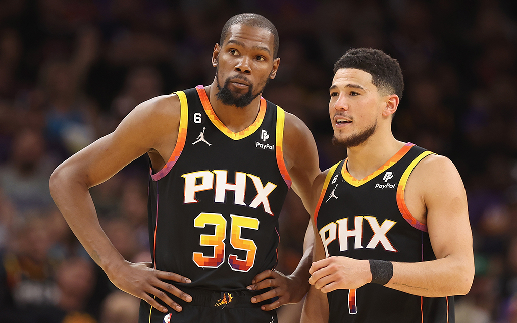 The Phoenix Suns will need to outline a strategy for managing the workload of Kevin Durant, left, Devin Booker and Bradley Beal under the NBA's new load management policy. (Photo by Christian Petersen/Getty Images)