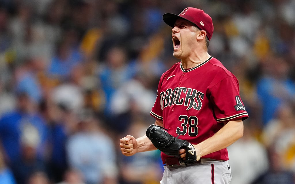 Arizona Diamondbacks closer Paul Sewald secures the final out of Game 2 in Wednesday's National League wild-card series against the Milwaukee Brewers. (Photo by Mary DeCicco/MLB Photos via Getty Images)