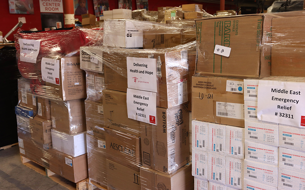 Pallets of medical supplies sit inside the Project C.U.R.E. distribution center in Tempe on Fri. Oct. 20, waiting to be sent to the Middle East to help civilians amid the Israel-Hamas war. (Photo by Angelina Steel/Cronkite News)
