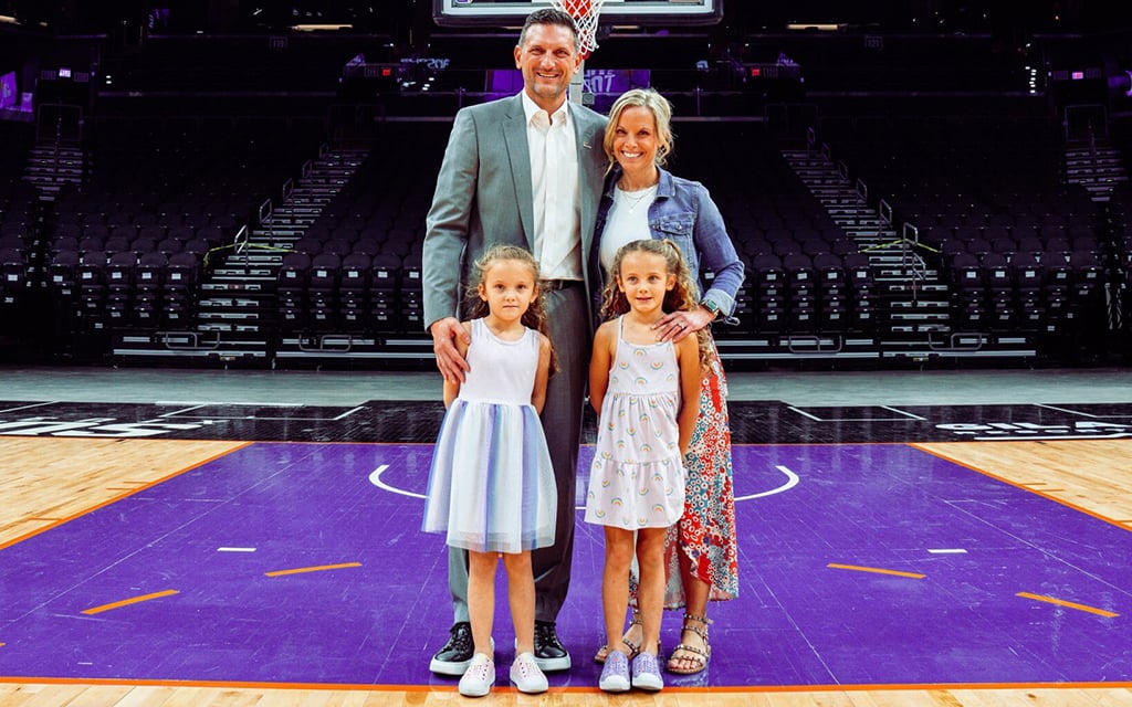 New Phoenix Mercury coach Nate Tibbetts, here with his wife, Lyndsey, and twin daughters, Londyn and Jordyn, said he understand the backlash surrounding the hiring, but he also believes he can be a good fit for the organization. (Photo courtesy of Phoenix Mercury)