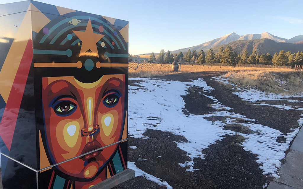 “Here Comes the Sun” traffic cabinet art wrap by Christy Moeller. (Photo courtesy city of Flagstaff)