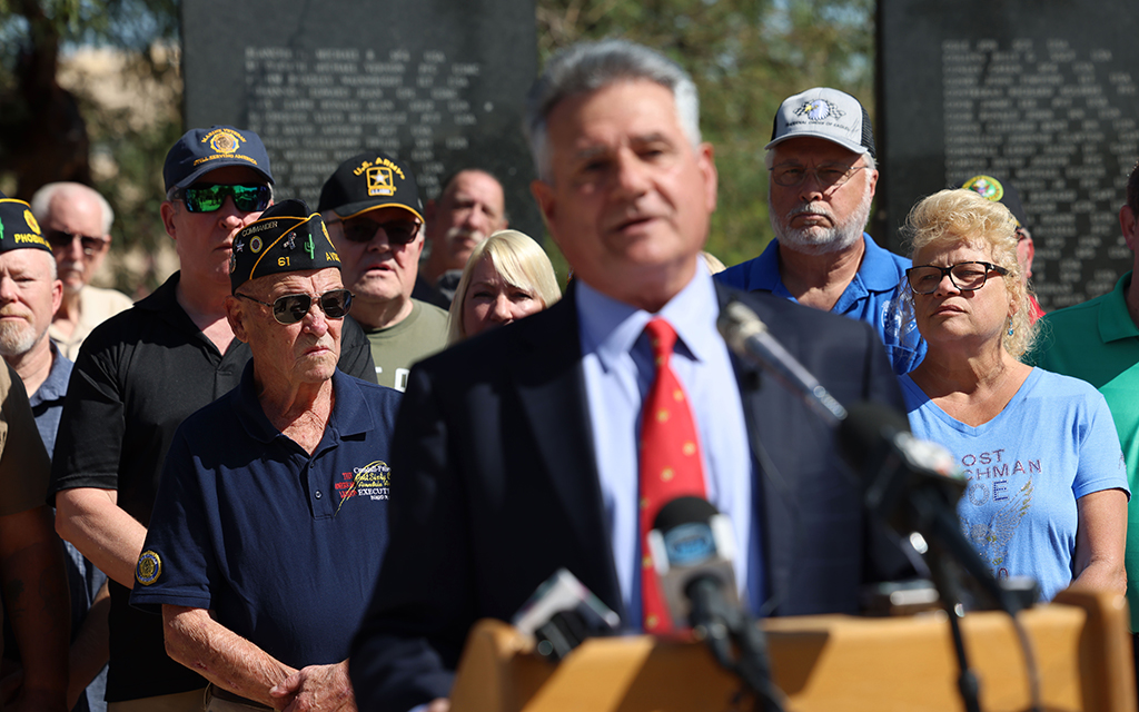 Veterans listen to Arizona Senate Majority Leader Sonny Borrelli during a news conference on Oct. 2, 2023. (Photo by Kevinjonah Paguio/Cronkite News)