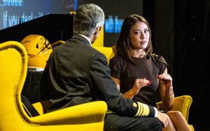 Emma Broyles, a fourth-year ASU biomedical sciences and honors student and Miss America 2022, talked with U.S. Surgeon General Vivek Murthy on Monday, Nov. 13, on his nationwide “We Are Made to Connect" tour. (Photo by Charlie Leight/ASU News)