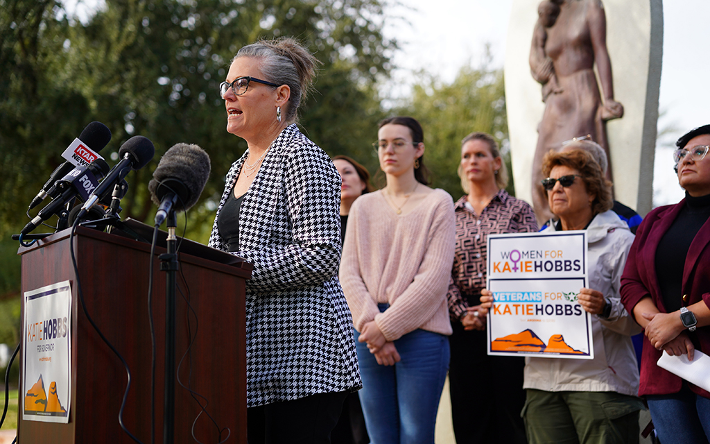 Gov. Katie Hobbs speaks at a news conference on Nov. 28, 2023, at Wesley Bolin Plaza in Phoenix, where she signed a petition to add abortion rights to the 2024 ballot. (Photo by Kiersten Edgett/Cronkite News)