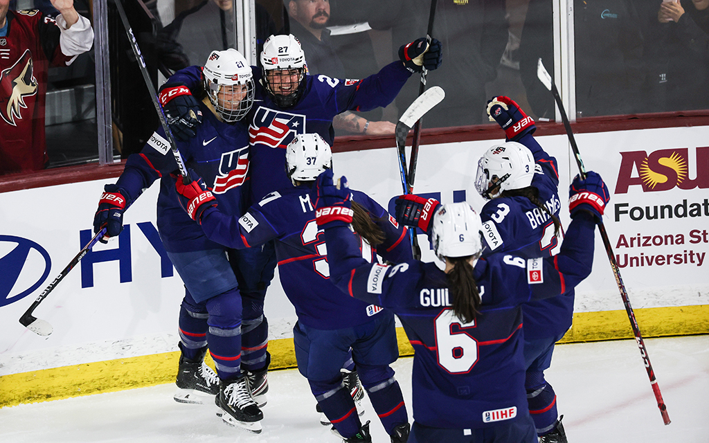 Team USA's Taylor Heise, right, the No. 1 pick in the inaugural PWHL draft, celebrates with teammate Hilary Knight after her goal in the Rivalry Series at Tempe's Mullett Arena on Nov. 8. (Photo by Mia Jones/Cronkite News)