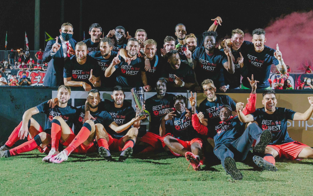 Phoenix Rising FC celebrates winning the 2020 Western Conference Final before COVID-19 ended the team's season short of the USL Cup. (Photo courtesy of Phoenix Rising)