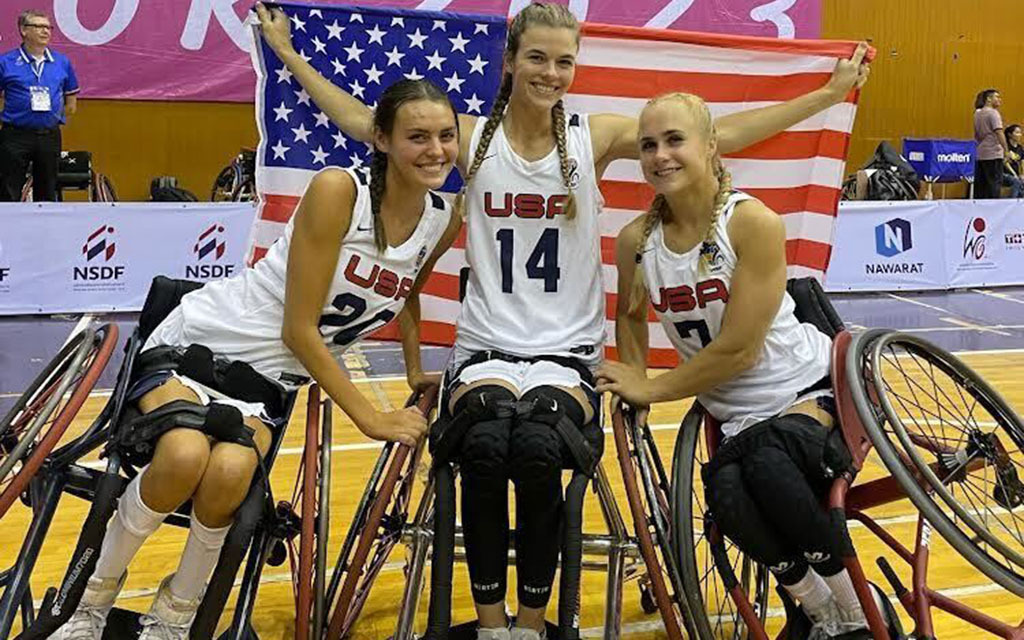 Nilsen, Gustafson and Dunn Celebrating In Front of USA Flag