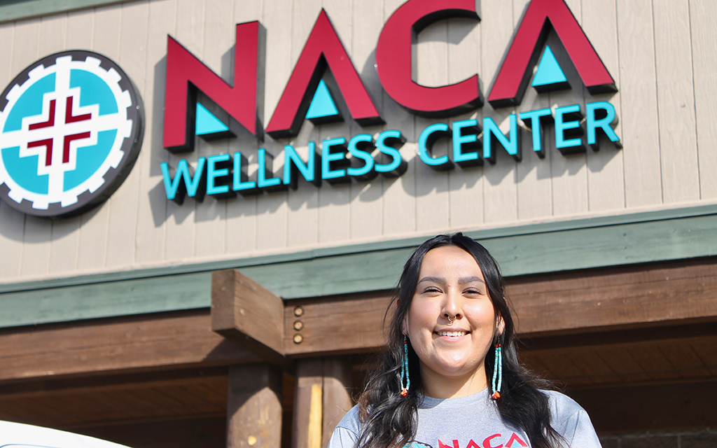 Morgan Farley, a Navajo diabetes health coach at NACA, outside NACA’s wellness center, where community members get diabetes management and prevention services. Many studies show that obesity puts people at a higher risk for having diabetes. The NACA program focuses on increasing patients’ physical activity and encouraging healthy eating habits, while also emphasizing the importance of traditional and cultural wellness practices. According to the Centers for Disease Control and Prevention, 89.8% of adults aged 18 and older diagnosed with diabetes between 2017 and 2020 were classified as overweight or obese. (Photo by Oakley Seiter/Cronkite News)