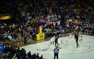 The bustling crowd at Desert Financial Arena creates an electric atmosphere as fans cheer on Arizona State men's basketball against the USC Trojans. (Photo by Bennett Silvyn/Cronkite News)