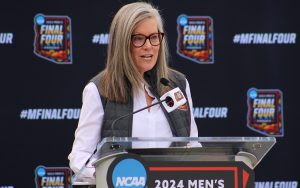 Arizona Gov. Katie Hobbs shares her thoughts on the events surrounding the Final Four scheduled for April 6-8 at State Farm Stadium. (Photo by Bennett Silvyn/Cronkite News)