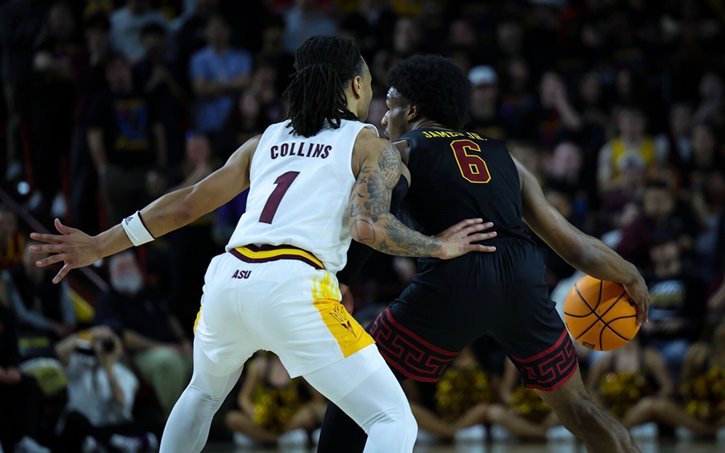 ASU guard Frankie Collins locks up USC guard Bronny James in a high-intensity Pac-12 matchup that netted him six steals. (Photo by Bennett Silvyn/Cronkite News)