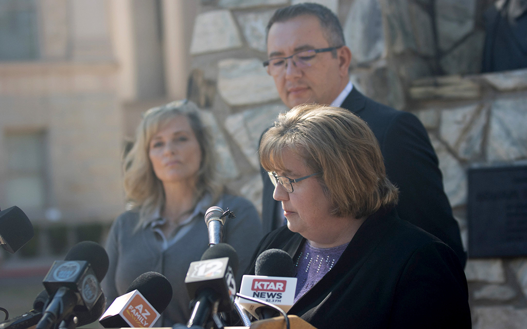 Maricopa County Attorney Rachel Mitchell talks about organized retail crime as Michelle Ahlmer, executive director for the Arizona Retailers Association, left, and Arizona House Speaker Ben Toma look on at a news conference at the Arizona Capitol on Jan, 30, 2024. (Photo by Mariah Temprendola/Cronkite News)