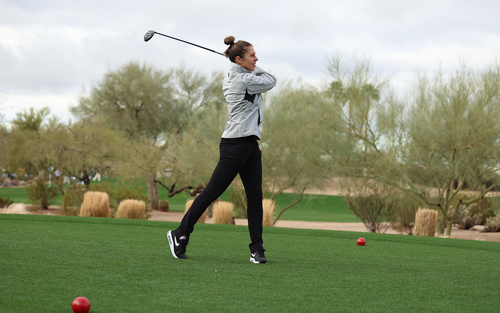 Two-time FIFA Women's World Cup champion and two-time FIFA Player of the Year Carli Lloyd shows off her swing during the WM Phoenix Celebrity Pro-Am. (Photo by Daniella Trujillo/Cronkite News)