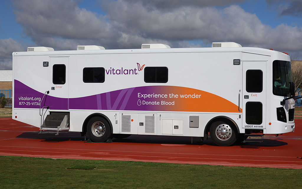 The Vitalant truck sits on the track during the AZ Relay for Sickle Cell event on Feb 10. (Photo by Jack Orleans/Cronkite news)