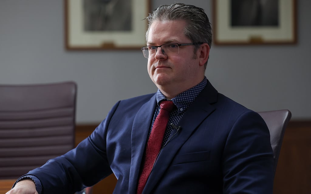 Michael Moore, chief information security officer for the Arizona Secretary of State's Office, addresses artificial intelligence’s role in spreading misinformation. Photo taken at the Arizona Capitol on Jan. 29, 2024. (Photo by Harris Hicks/Cronkite News)