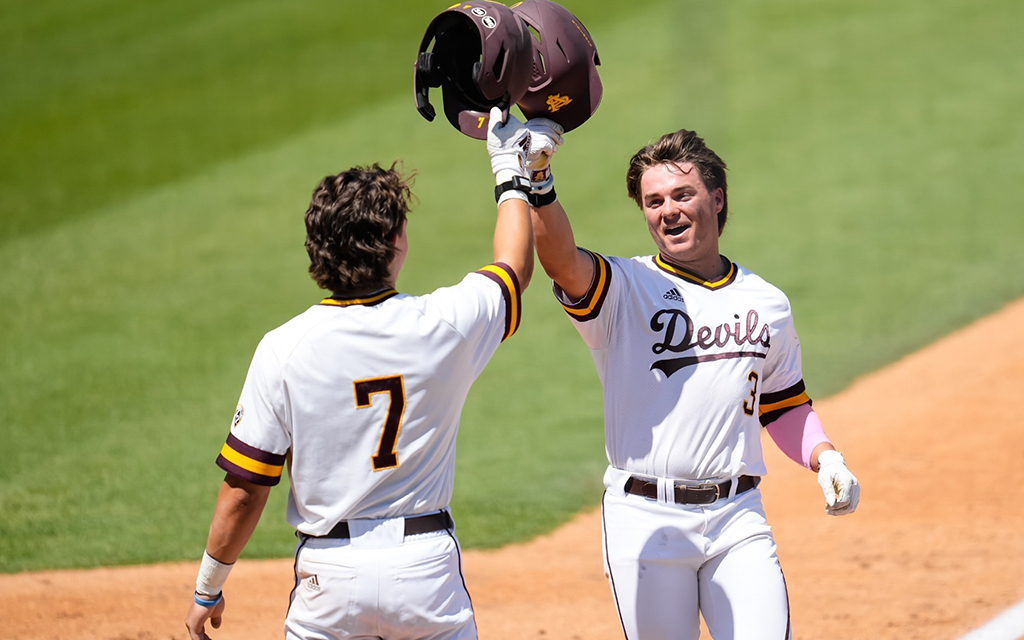 Nick McLain, right, celebrates with Luke Hill after hitting a home run. McLain will miss the start of the Arizona State baseball season after suffering a hand injury. (Photo courtesy of Sun Devil Athletics)
