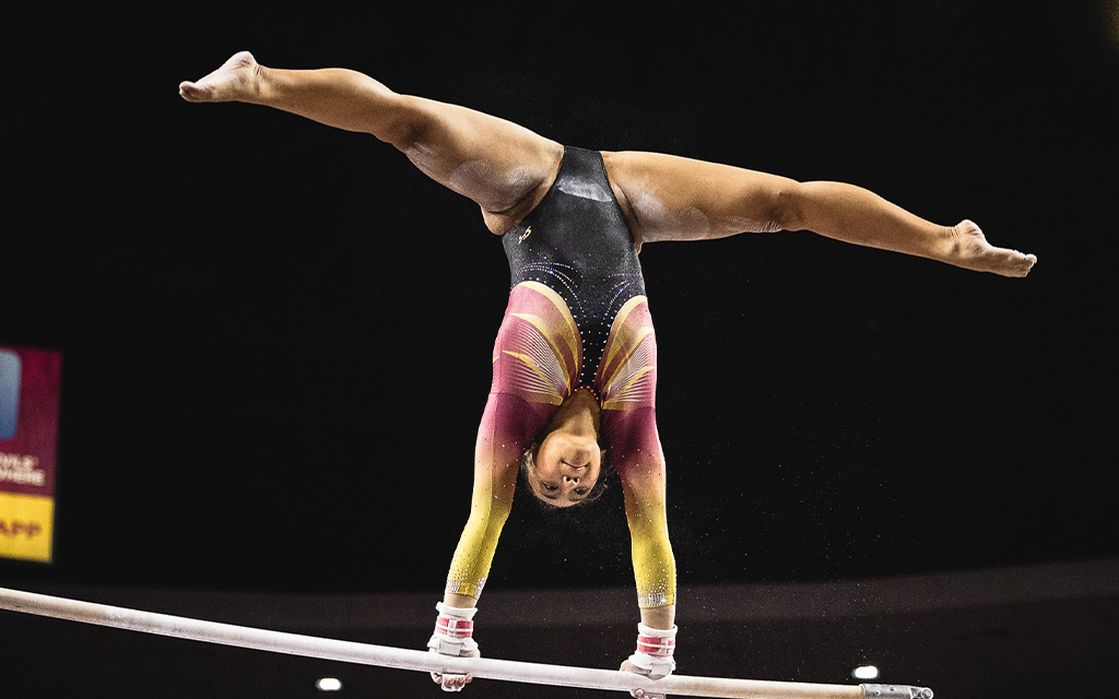 ASU senior gymnast Cienna Samiley competes on the uneven bars in Arizona State’s home opener dual meet Jan. 8 against Central Michigan. (Photo courtesy of Sun Devil Athletics)