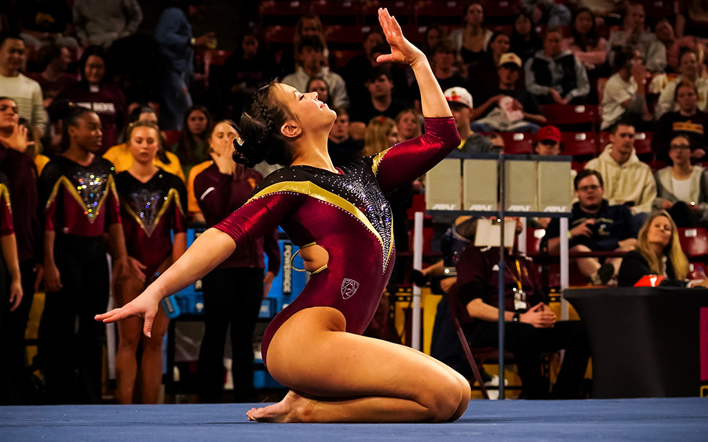 ASU sophomore gymnast Kayla Lee competes in the floor exercise Feb 2 at the Maroon Monsoon Tri-Meet. (Photo courtesy of Sun Devil Athletics)