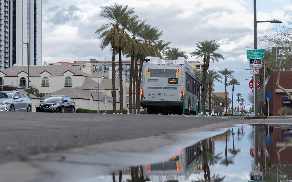 It’s been a rainy week in Phoenix, and puddles have accumulated and made the roads slippery across the Valley. Photo taken in downtown Phoenix on Feb. 8, 2024. (Photo by Sam Ballesteros/Cronkite News)