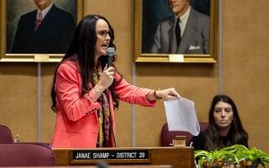 Arizona state Sen. Janae Shamp, R-Surprise, gives an emotional defense of her bill, SB 1231, during sometimes heated debate at the Arizona Capitol on Feb. 21, 2024. (Photo by Sam Ballesteros/Cronkite News)