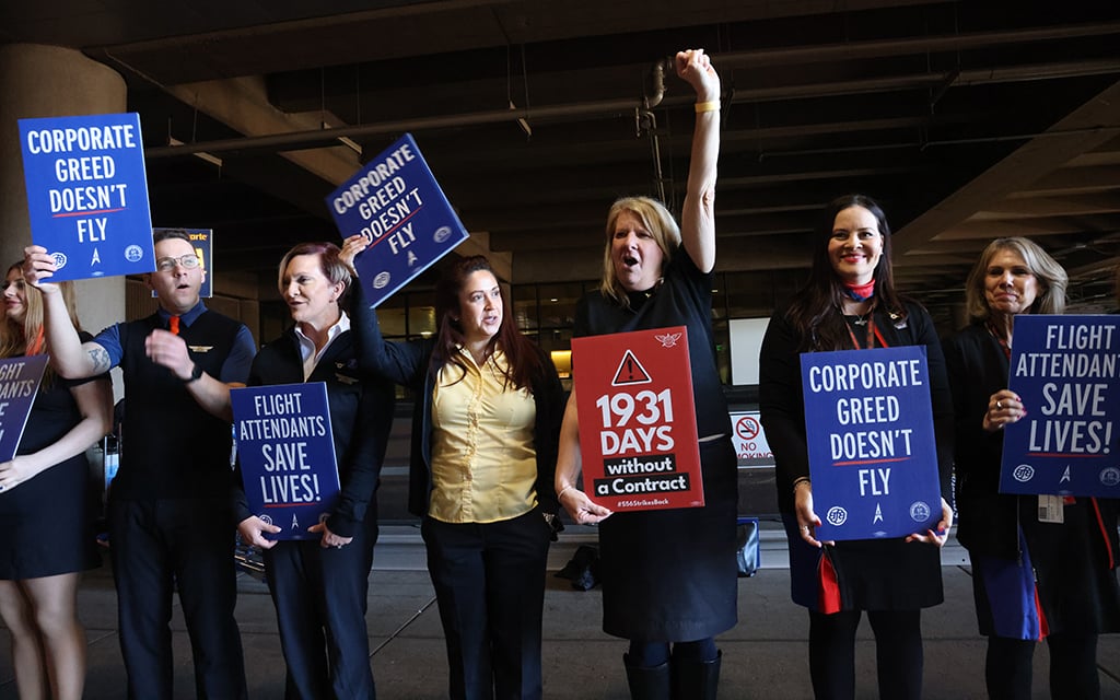 Flight attendants walk out at Phoenix Sky Harbor International Airport to advocate for better pay and working conditions on Feb. 13, 2024. (Photo by Mariah Temprendola/Cronkite News)