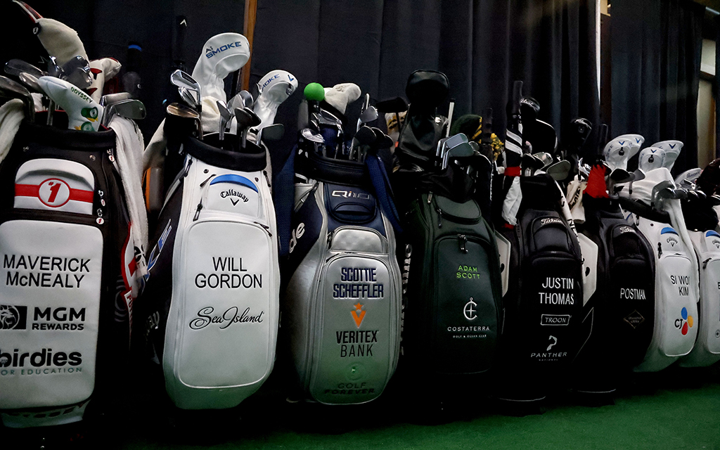 Players bags lined up in the media center prior to the start of round one of the WM Phoenix Open Thursday. (Photo by Joe Eigo/Cronkite news)