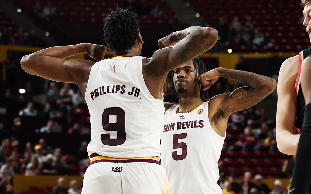 ASU guard Jamiya Neal, right, and center Shawn Phillips Jr. expect to raise their level of play in the absence of Jose Perez, who is no longer with the program. (Photo by Emma Jeanson/Cronkite News)