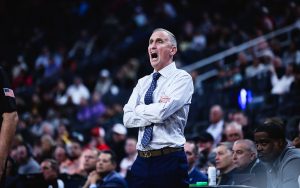 Arizona State coach Bobby Hurley screams at a referee in ASU’s 90-57 loss against Utah in the first round of the 2024 Pac-12 Tournament at T-Mobile Arena in Las Vegas, Nevada. (Photo by Dominic Contini/Cronkite News)