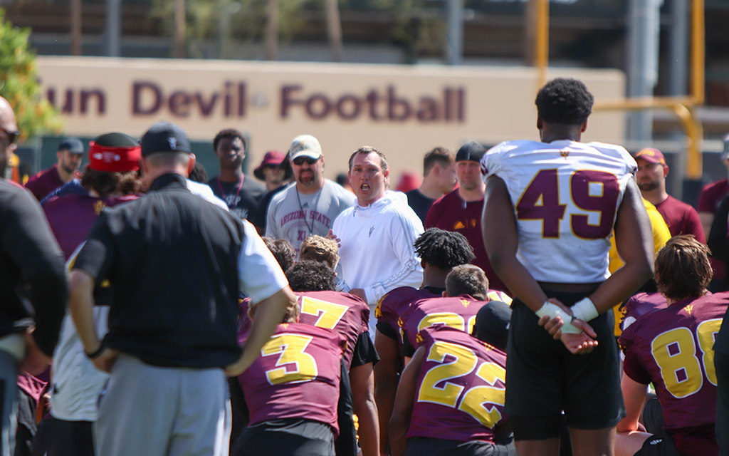 ASU football coach Kenny Dillingham sets the tone for spring practice with an emphasis on competition and improvement after a challenging 3-9 season in 2023. Photo by Reece Andrews/Cronkite News)