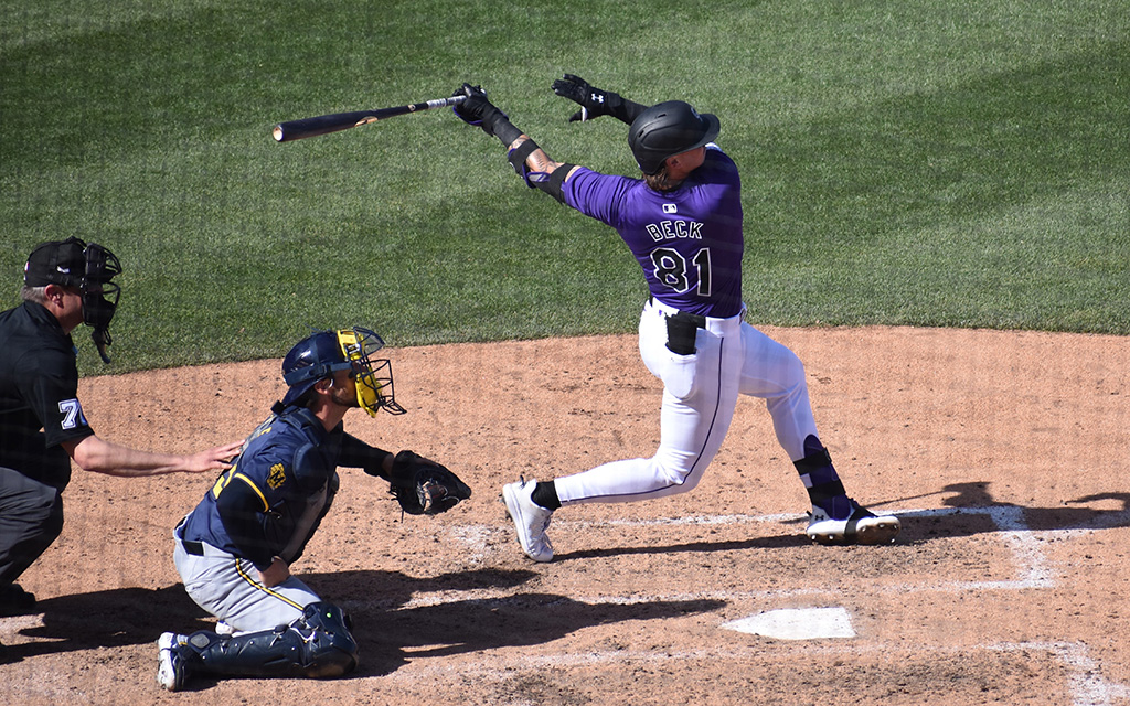 Left fielder Jordan Beck, arguably the Rockies’ best hitting during spring training, ropes an RBI single in a Rockies recent win over the Milwaukee Brewers. Ranked as the 81st-best prospect in baseball, Beck will look to continue his monstrous hitting in the team’s Spring Breakout game versus the Arizona Diamondbacks on March 16. (Photo by Brett Lapinski/Cronkite News)