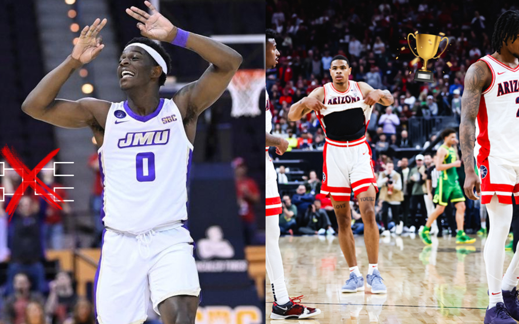James Madison is a popular upset pick in the NCAA Men’s Basketball Tournament, while Arizona has some people skeptical because of their recent struggles in the postseason. (Graphic by Bobby Hurley/Cronkite News)